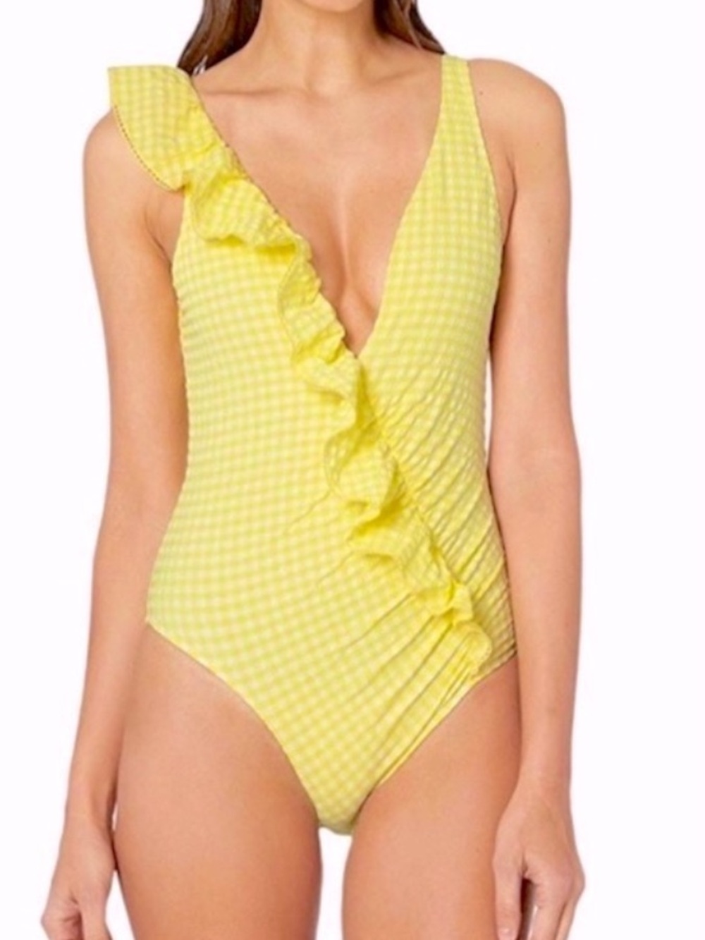 JONATHAN SIMKHAI Yellow & White Seersucker Gingham Ruffle One Piece Swimsuit